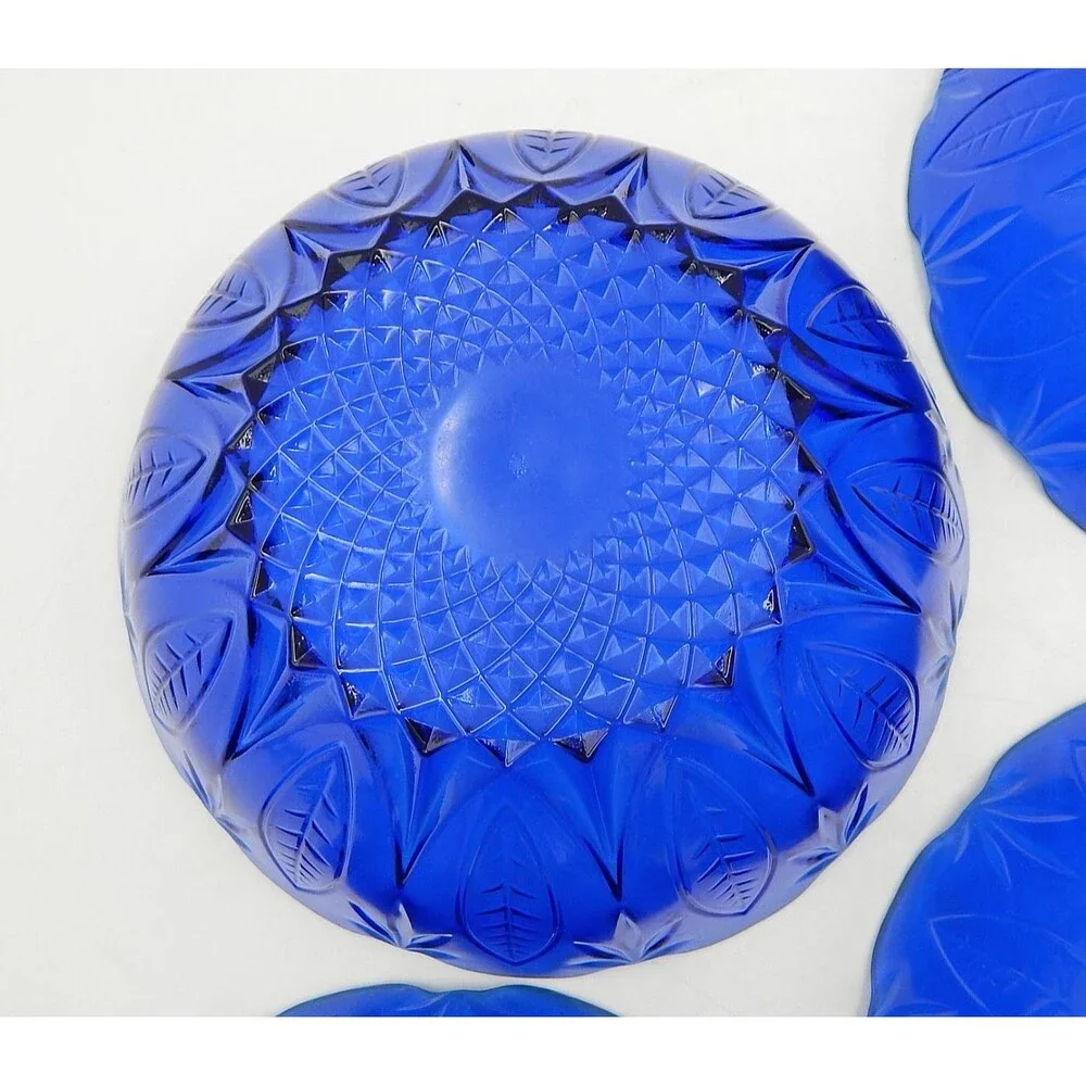 AVON Royal Sapphire Cereal Salad Bowls Cobalt Blue Leaf 6.5 Inch Glass Set of 4